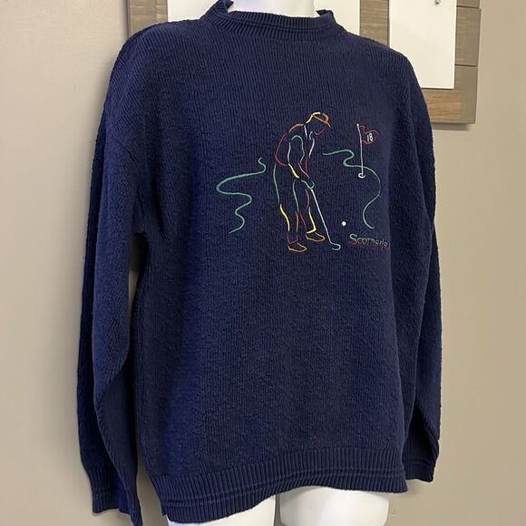 Scottish Isle Men’s Navy Embroidered Golf Crewneck Sweater by Bernette-Lg - Picture 3 of 16